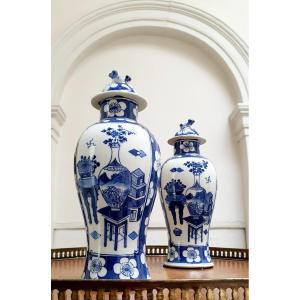 Pair Of Blue And White Chinese Vases, Decorated With Stools, Vases, Flowers, Foo Dog Lids, Late 19th Century