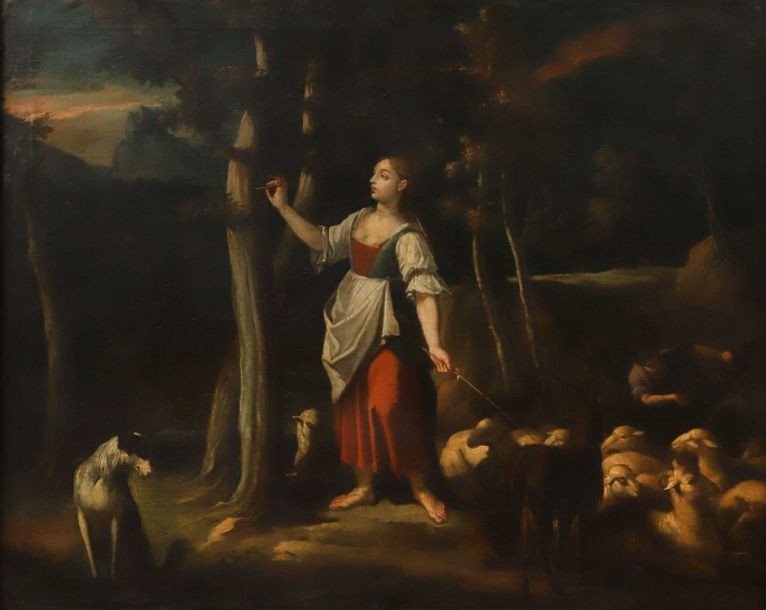 Shepherdess In An Undergrowth, Carving A Tree – Italian School