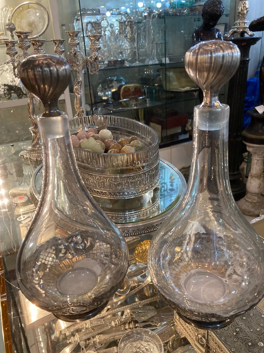 Pair Of Carafes With Sterling Silver Minerva Frames-photo-5