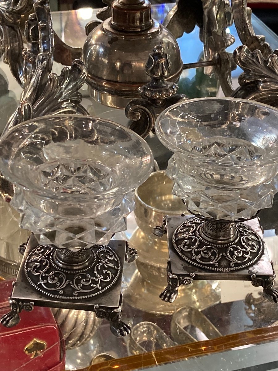 Paire De Salières Cristal Et Agent époque Restauration 