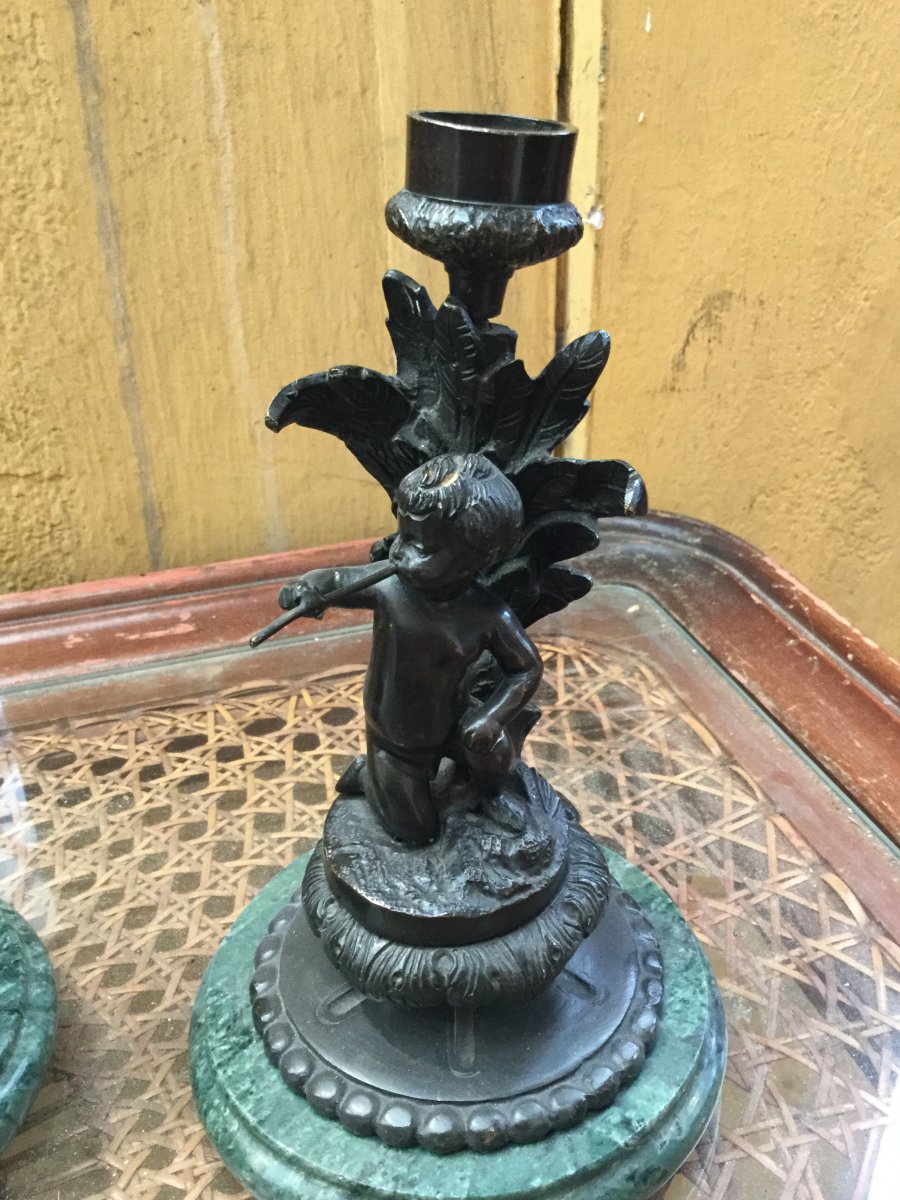 Pair Of Candlesticks Patinated Bronze Cherub-photo-2