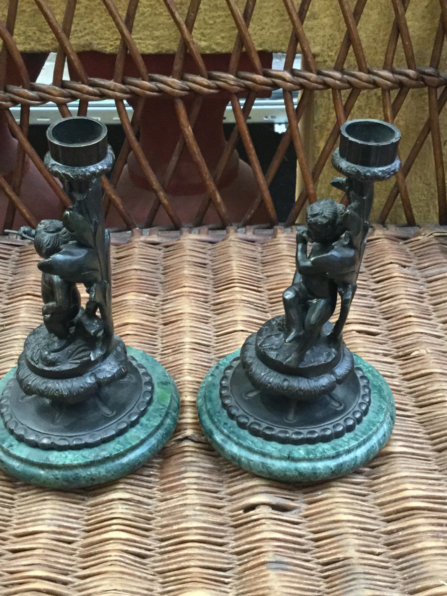 Pair Of Candlesticks Patinated Bronze Cherub-photo-5