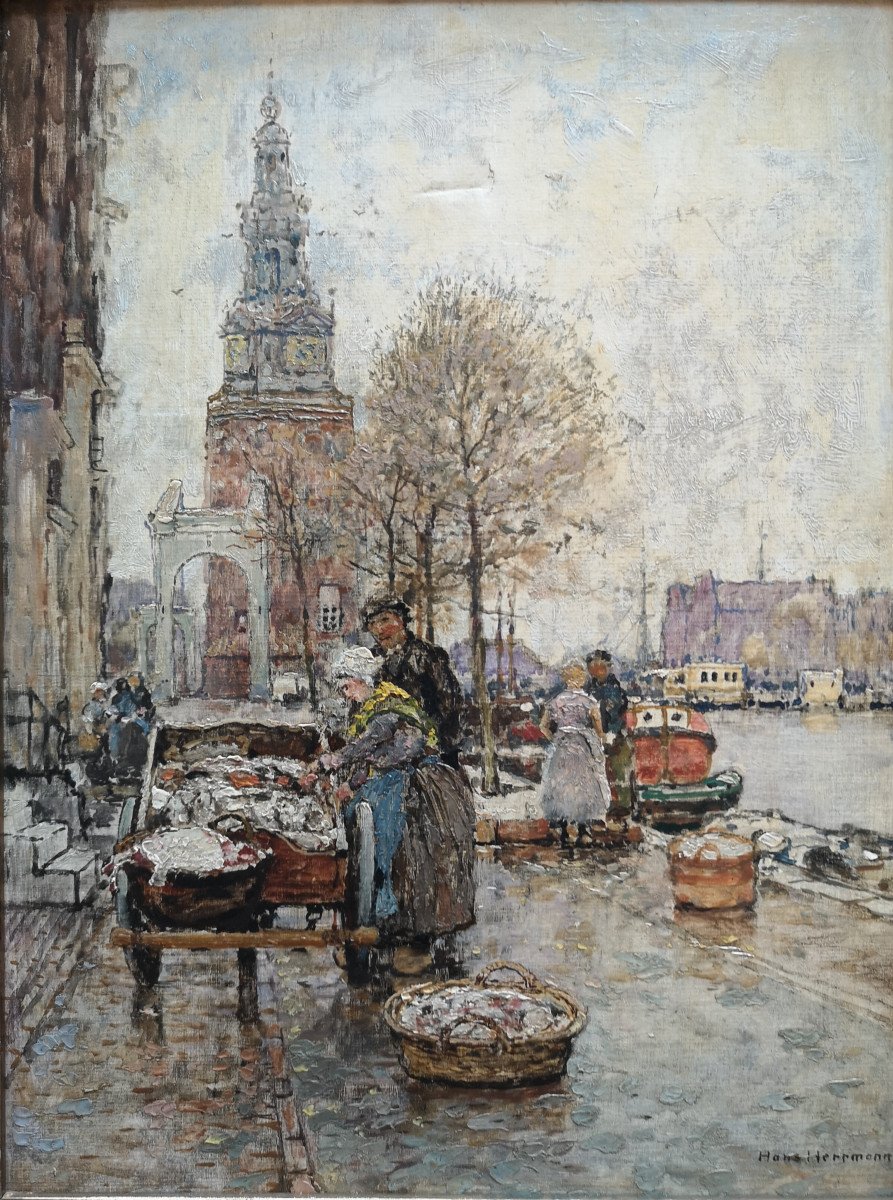 Hans HERRMANN (1858-1942) Allemand  "Amsterdam"   44x33cm huile sur paneau-photo-2