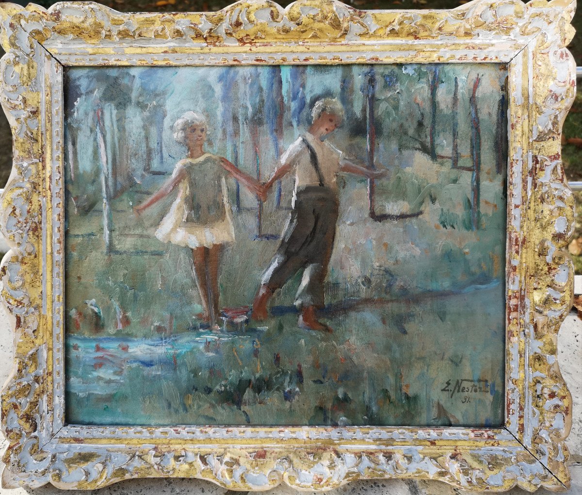 Nestor Elizaveta (russia 1885 -? France) "children" 1931 Oil On Panel 33x40cm НЕСТОР E.