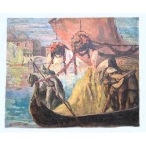 Jean Dudier-Tourne(1882-1967) "Retour de bal a Venise" huile sur toile  sbg 60x73cm