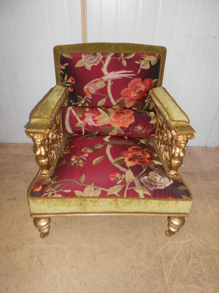 Golden Wood Carved Armchair Napoleon III With Silks Rare Model