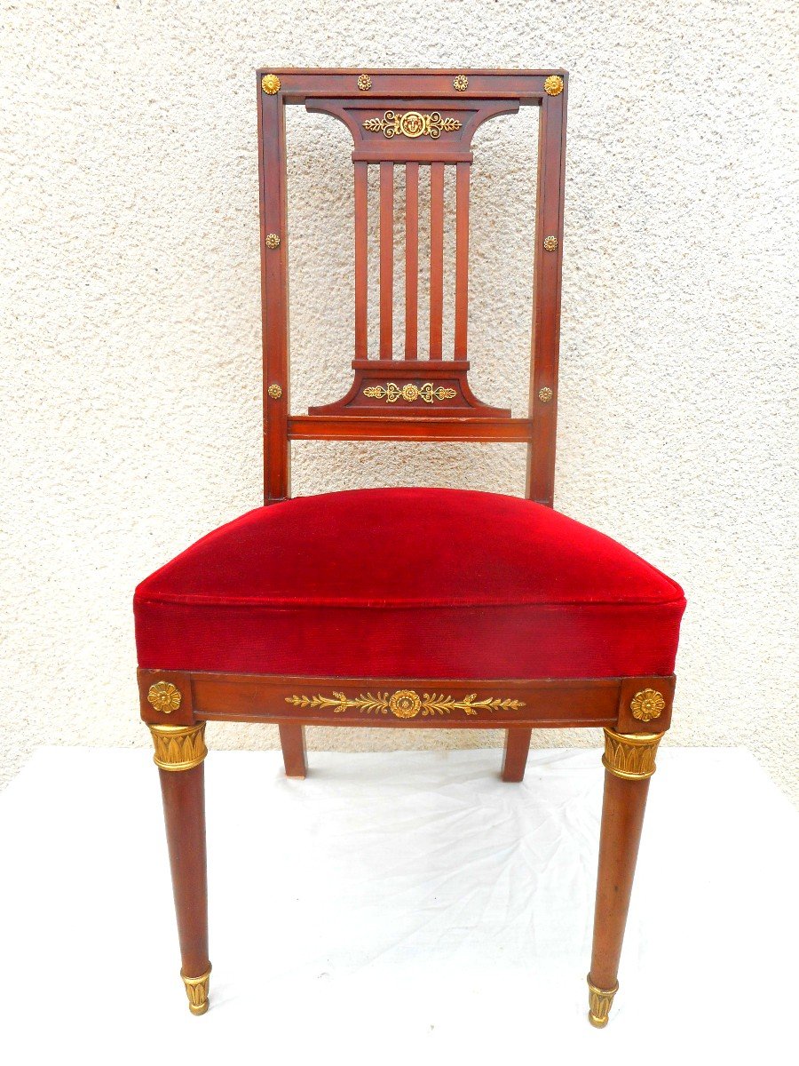 Suite Of Six Empire Period Chairs In Mahogany And Gilt Bronze-photo-2