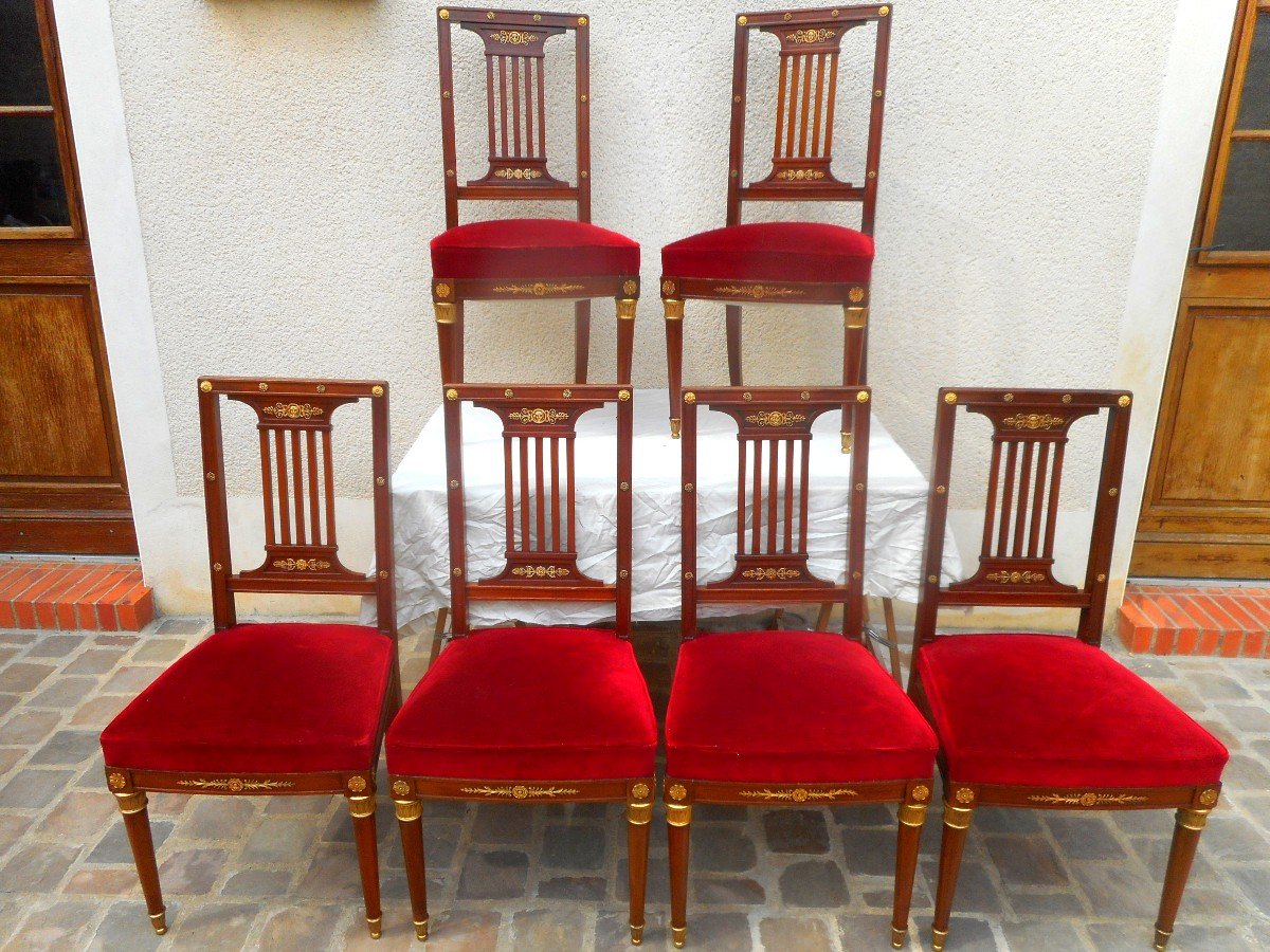 Suite Of Six Empire Period Chairs In Mahogany And Gilt Bronze