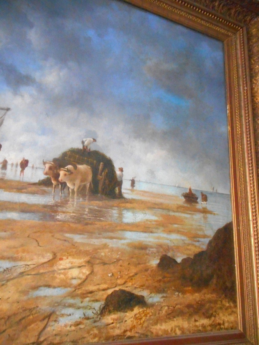 Grande Peinture Scène De Plage De H.M Van Baarle Daté 1884-photo-3