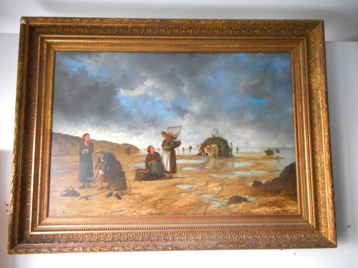 Large Beach Scene Painting By Hm Van Baarle Dated 1884