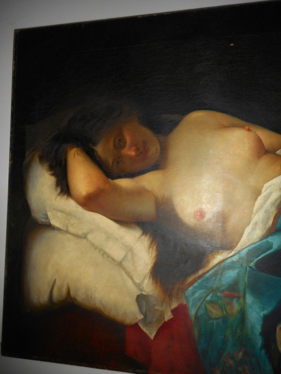 Large Painting Lying Nude Woman 19th Century Signed Deutsch-photo-2