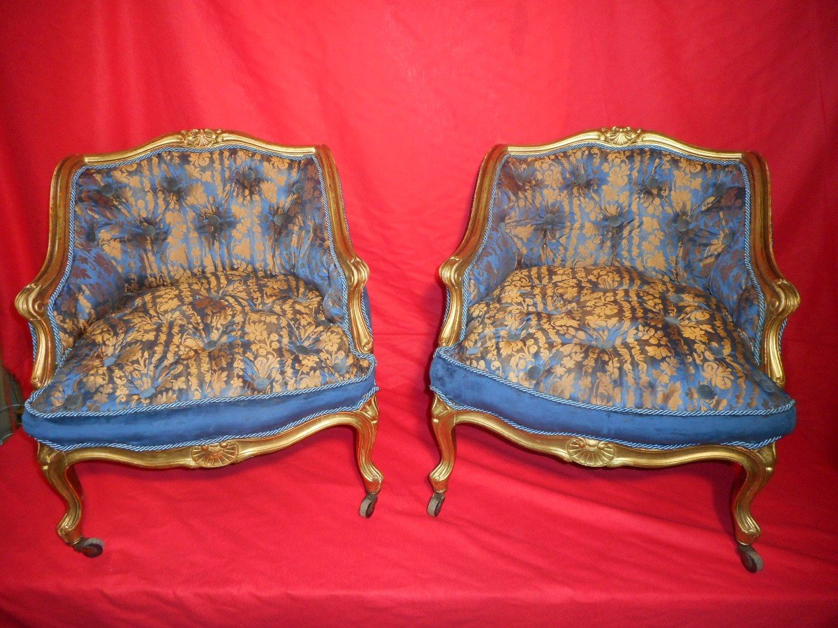 Pair Of Children's Bergeres Stamped Jeanselme In Gilded Wood, 19th Century-photo-2