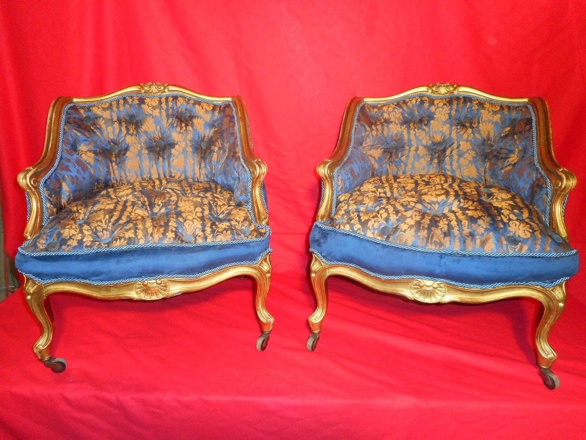 Pair Of Children's Bergeres Stamped Jeanselme In Gilded Wood, 19th Century