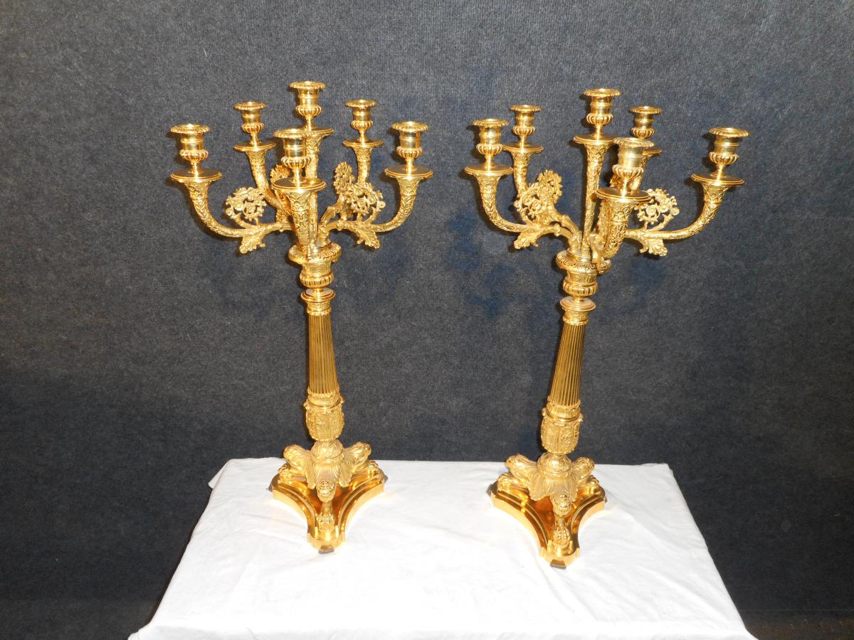 Great Pair Of Candlestick Empire Gilt Bronze Era-photo-2