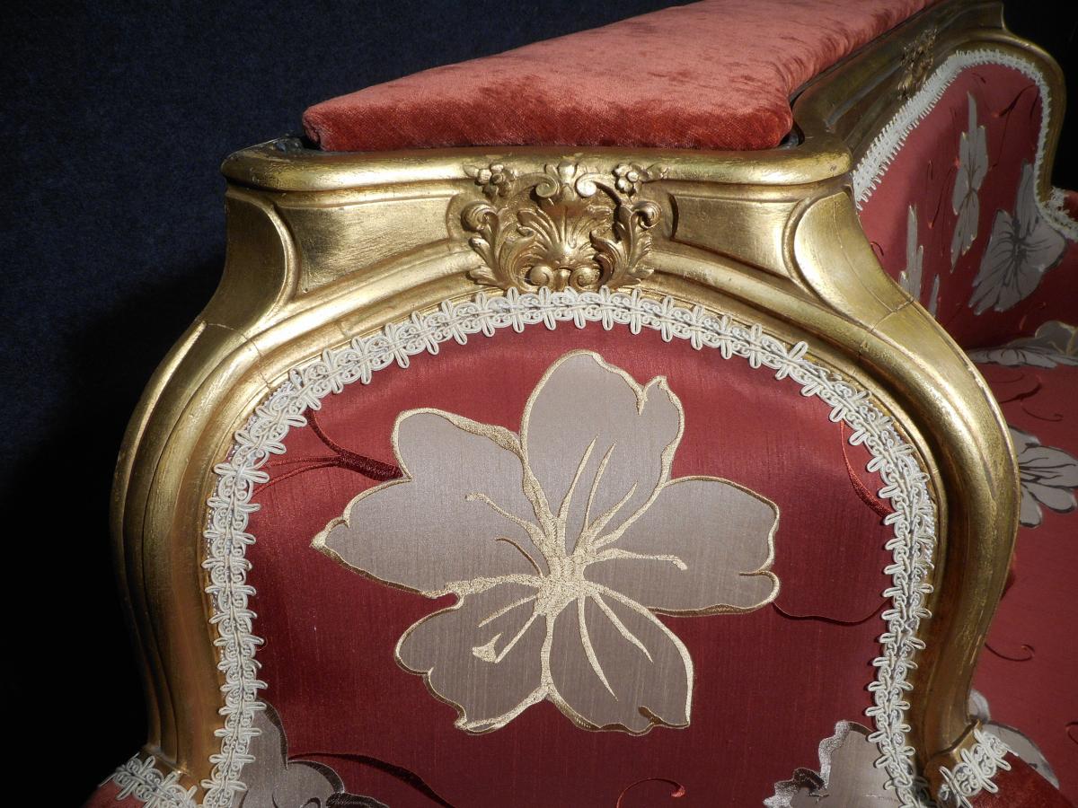 19th Century Loveseat In Gilded Wood And Soieies-photo-5