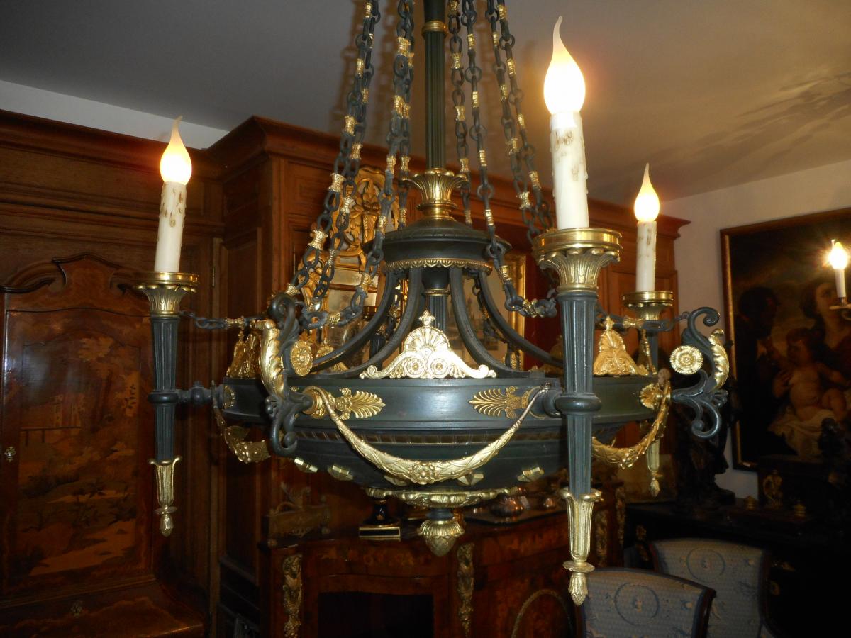Large Empire Chandelier Gilt Bronze And Painted Tole-photo-1