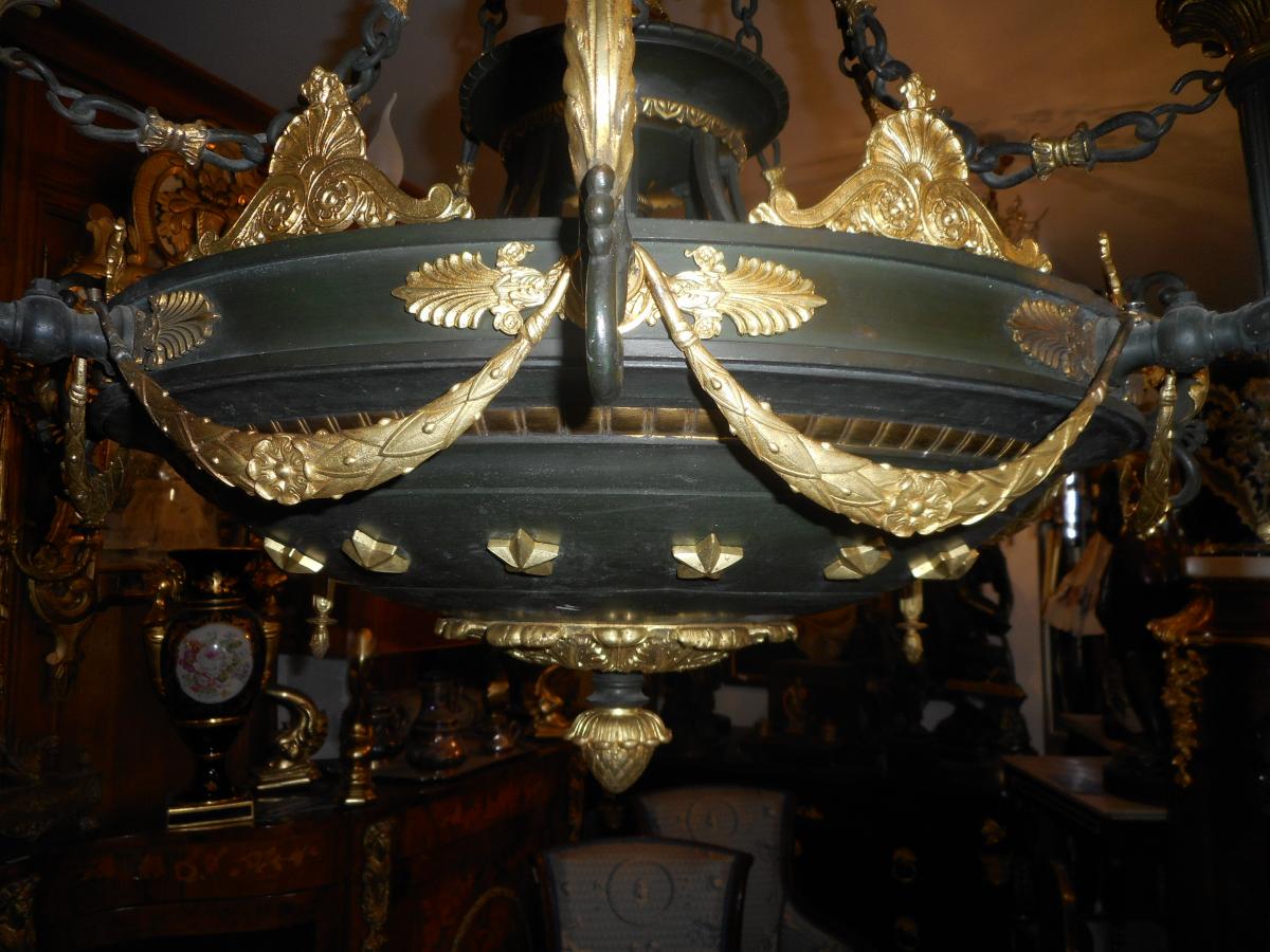Large Empire Chandelier Gilt Bronze And Painted Tole-photo-4