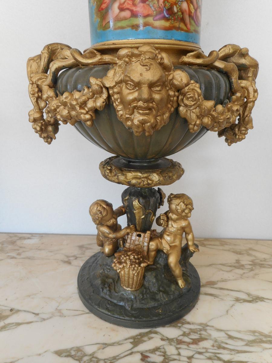 XIXth Century Table Center In Gilded Bronze And Porcelain Scenes Children-photo-3