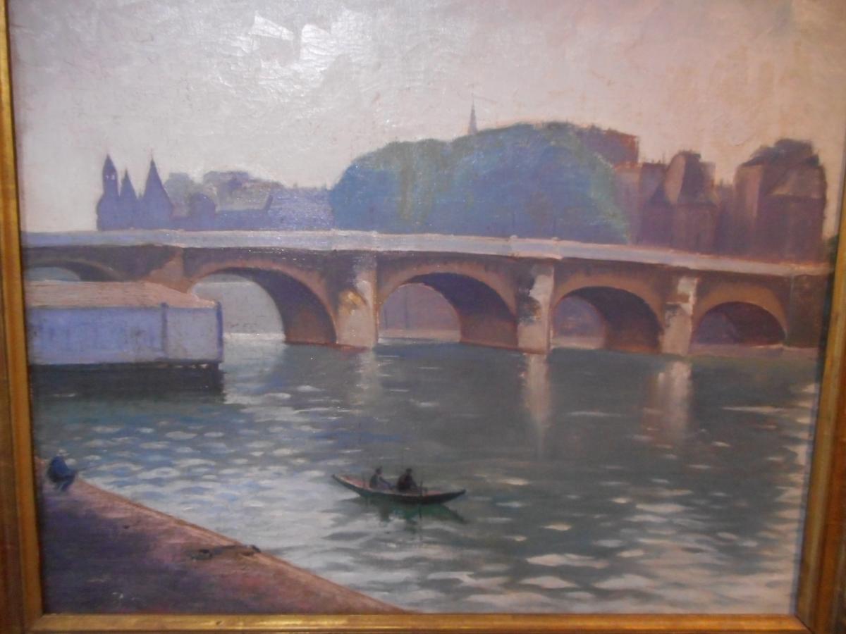 Tableau Vue Pont De Paris Avec Bord De Seine époque fin XIXe-photo-2