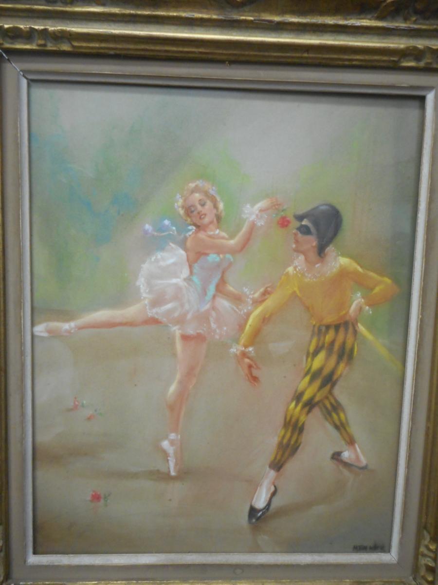 Tableau pastel danseuse et arlequin signé Menkes-photo-2