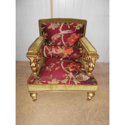 Fauteuil Bois Doré Sculpté époque Napoléon III Avec Soieries Rare Modèle