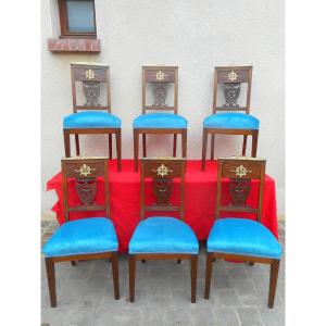 Set Of 6 Mahogany And Gilt Bronze Chairs From The Early 19th Century