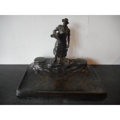 Grand Encrier En Bronze époque XIXème Avec Personnage