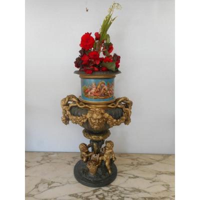 XIXth Century Table Center In Gilded Bronze And Porcelain Scenes Children