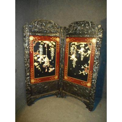 Screen Meiji Period Lacquered Wood And Ivory Then Nacre