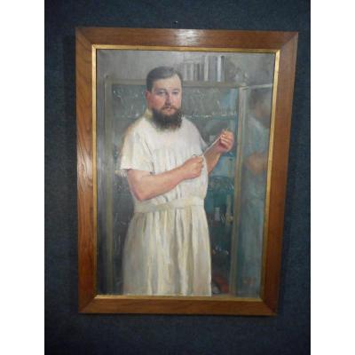 Grand tableau medecin huile sur toile signé Willem daté 1915