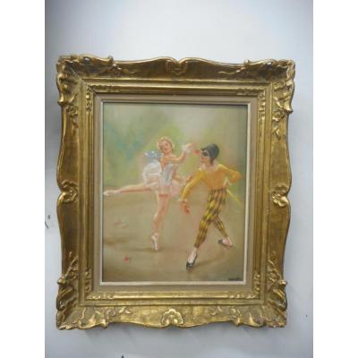 Tableau pastel danseuse et arlequin signé Menkes