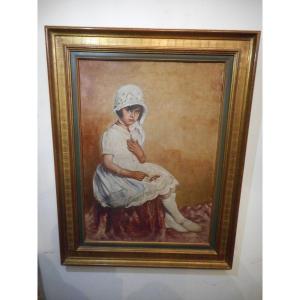 Table Young Girl Sitting Oil On Cardboard Early Twentieth