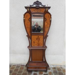 Coat Rack Art Nouveau In Marquetry Attributed To Gallé