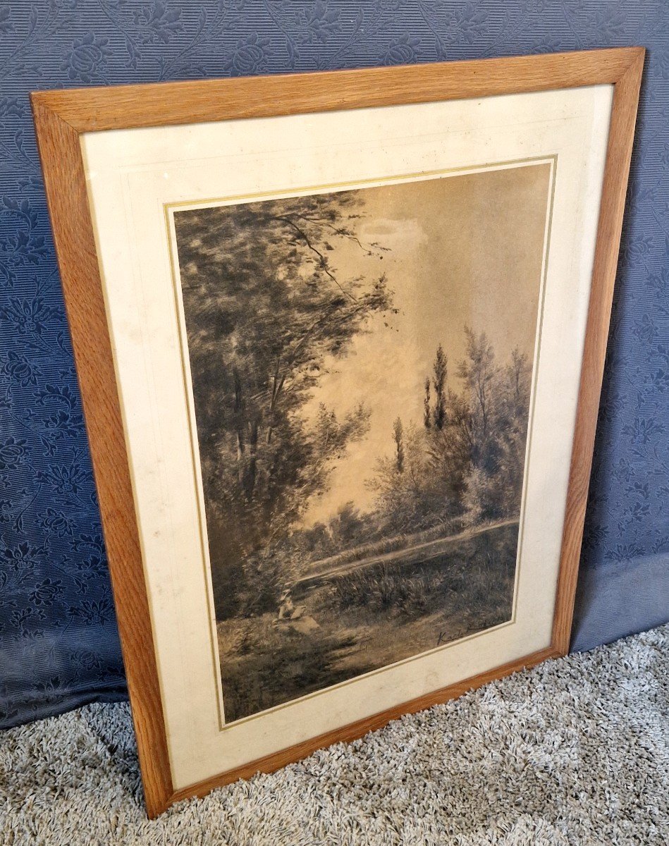 19th Century Charcoal Drawing Bords De Loir By Karl Robert (1848-1899)-photo-1