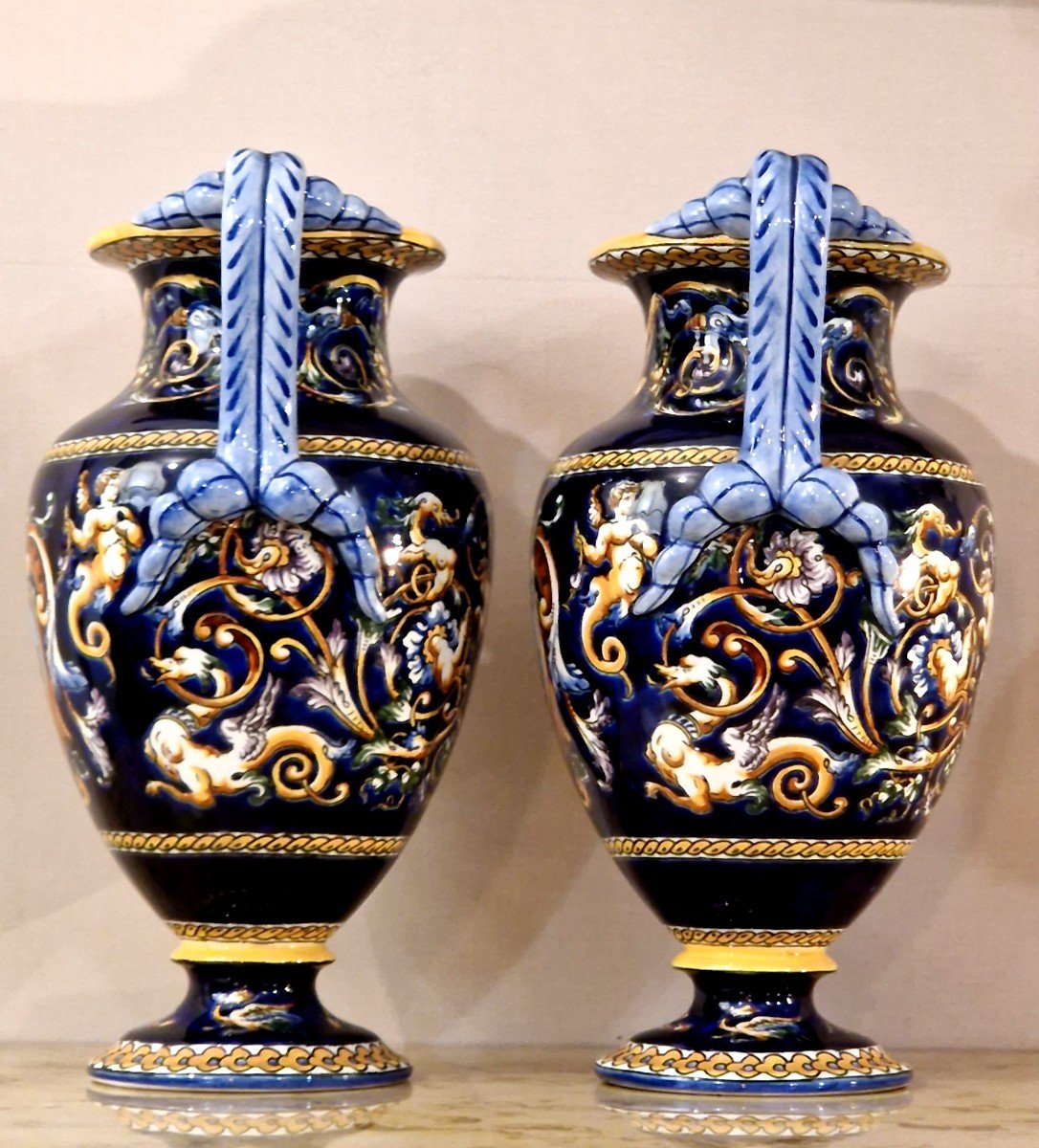 Pair Of Gien Renaissance Vases 20th Century-photo-2