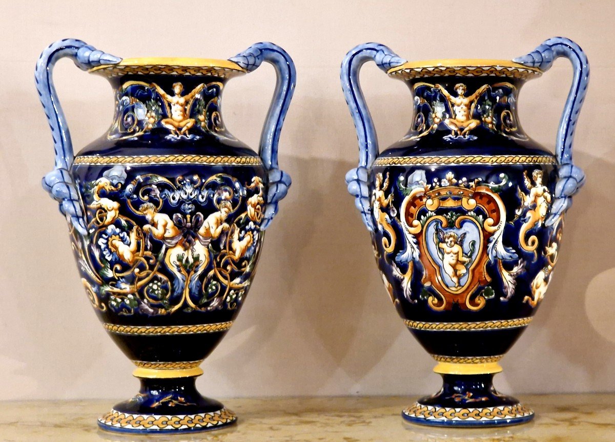 Pair Of Gien Renaissance Vases 20th Century-photo-3