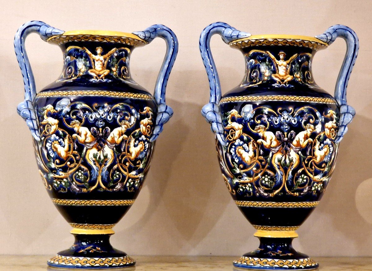 Pair Of Gien Renaissance Vases 20th Century-photo-4