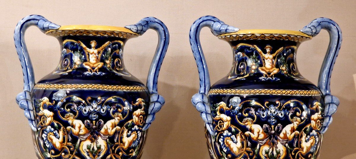 Pair Of Gien Renaissance Vases 20th Century-photo-2