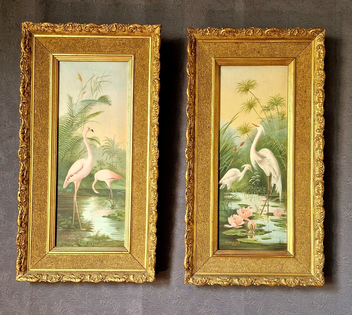 Art Nouveau Paintings Flamingo And Egrets 