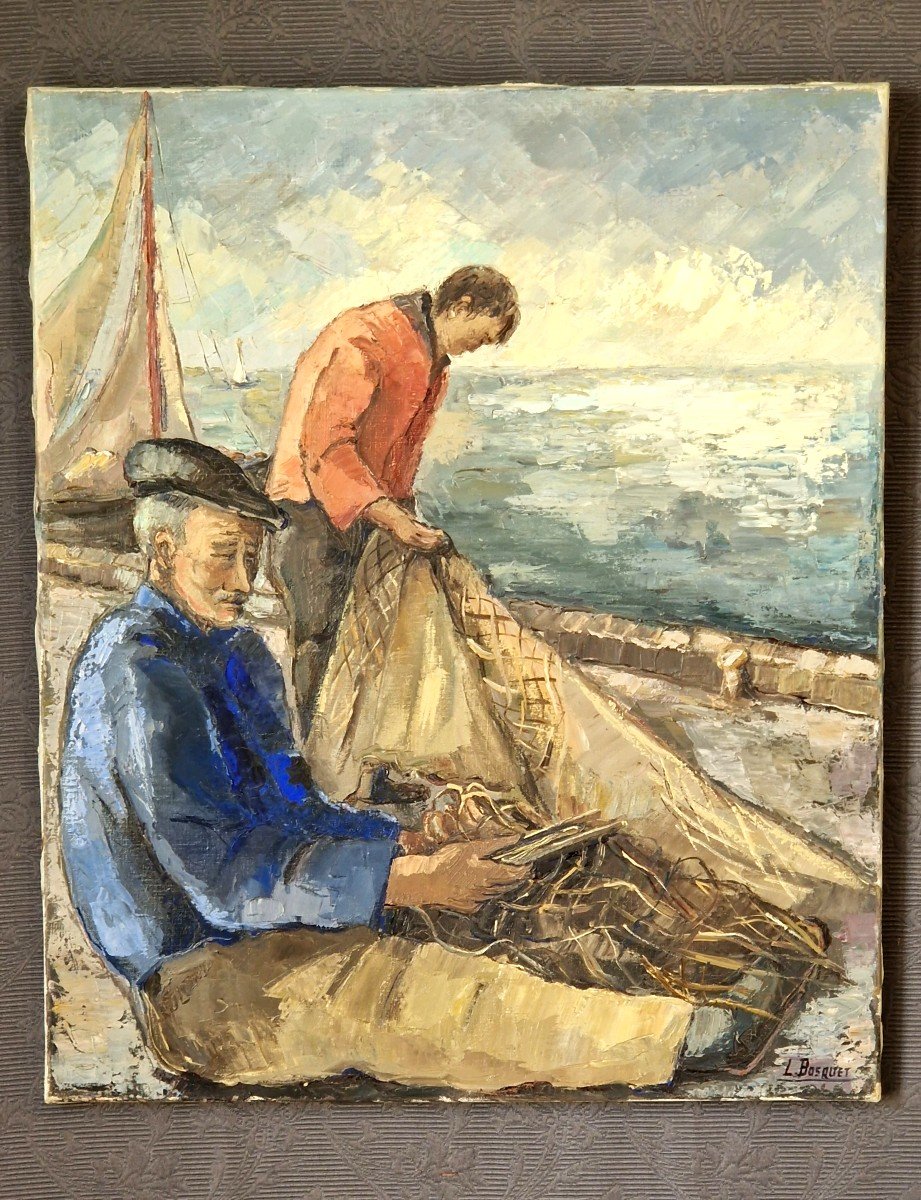 Huile de Lucienne Bosquet (1910-1990) - Les Pécheurs -photo-2