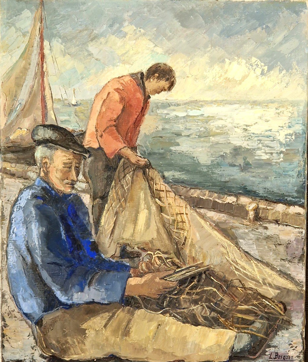 Huile de Lucienne Bosquet (1910-1990) - Les Pécheurs 