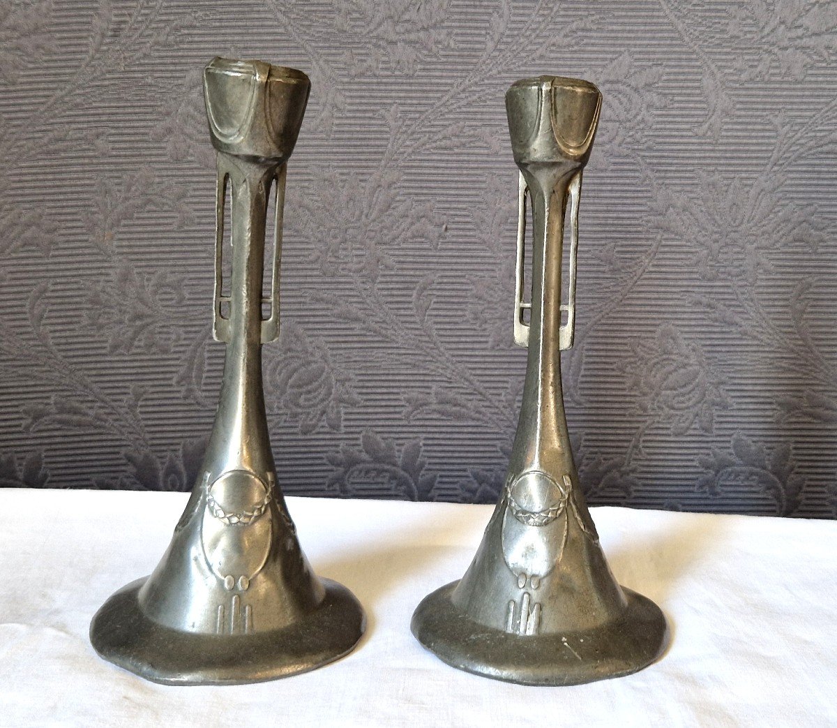 Pair Of Art Nouveau Pewter Candlesticks-photo-2