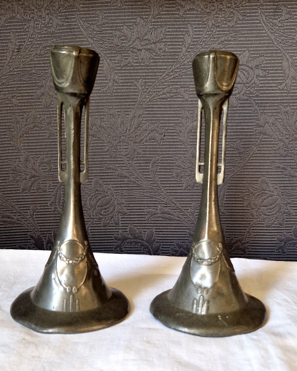 Pair Of Art Nouveau Pewter Candlesticks