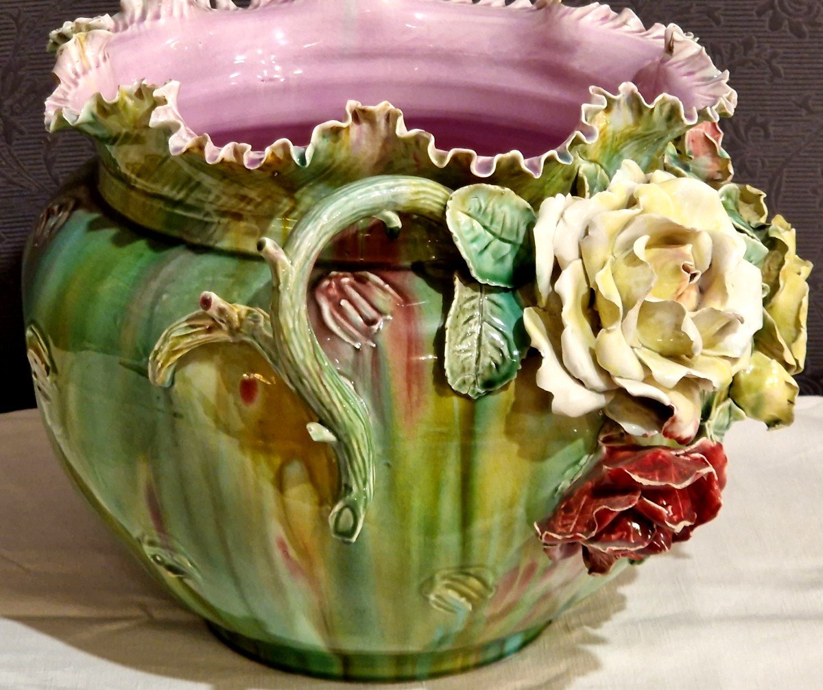 Sarreguemines Majolica Cache Pot Circa 1900 -photo-1