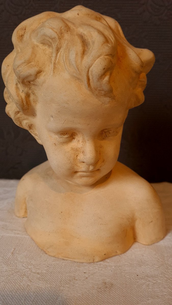 Petit Buste Terre Cuite d'Enfant Putti Fin XIXème-photo-1