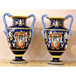 Pair Of Gien Renaissance Vases 20th Century