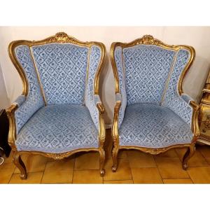 Pair Of Louis XV Style Gilded Wood Bergeres