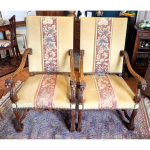 Paire De Fauteuils Renaissance En Chêne XIXe