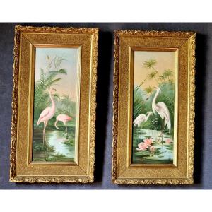 Tableaux Flamands Roses Et Aigrettes Par A. Lebret Daté 1898