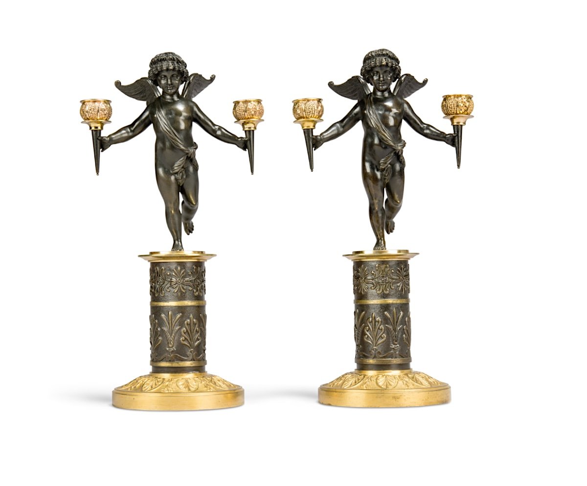 A Fine Pair Of Empire Gilt Bronze And Patinated  Candelabra